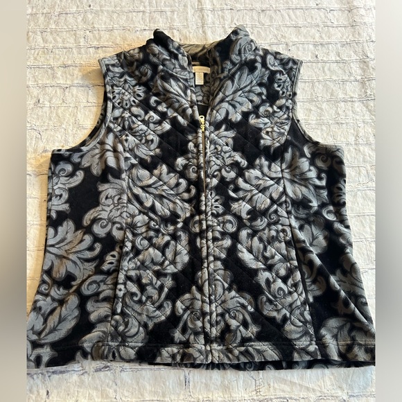 CHARTER CLUB DARK ACADEMIA WOMEN’S BLACK AND GREY ABSTRACT VELVET ZIP UP VEST XL - Picture 1 of 7